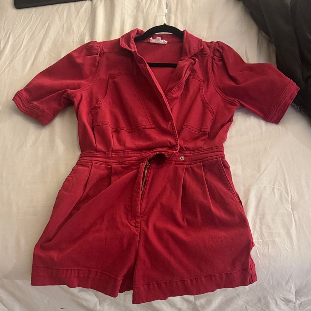 Red Short Sleeve Denim Romper